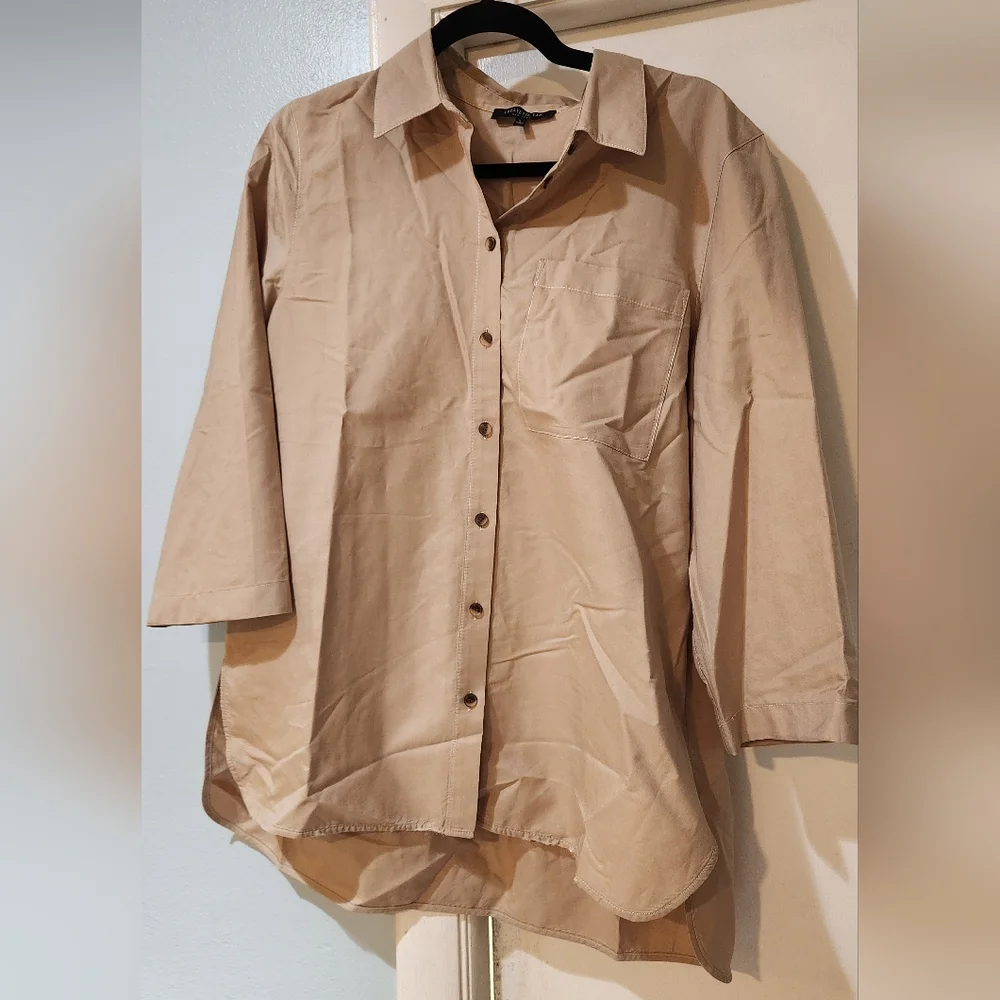 Women's Lafayette 148 NY Tan Button-Up Shirt, Size L - Picture 1 of 11